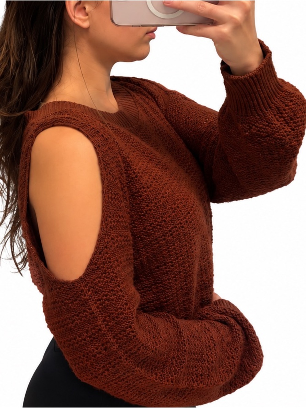 Rust Brown Shoulder Cutout Chunky Knit Sweater